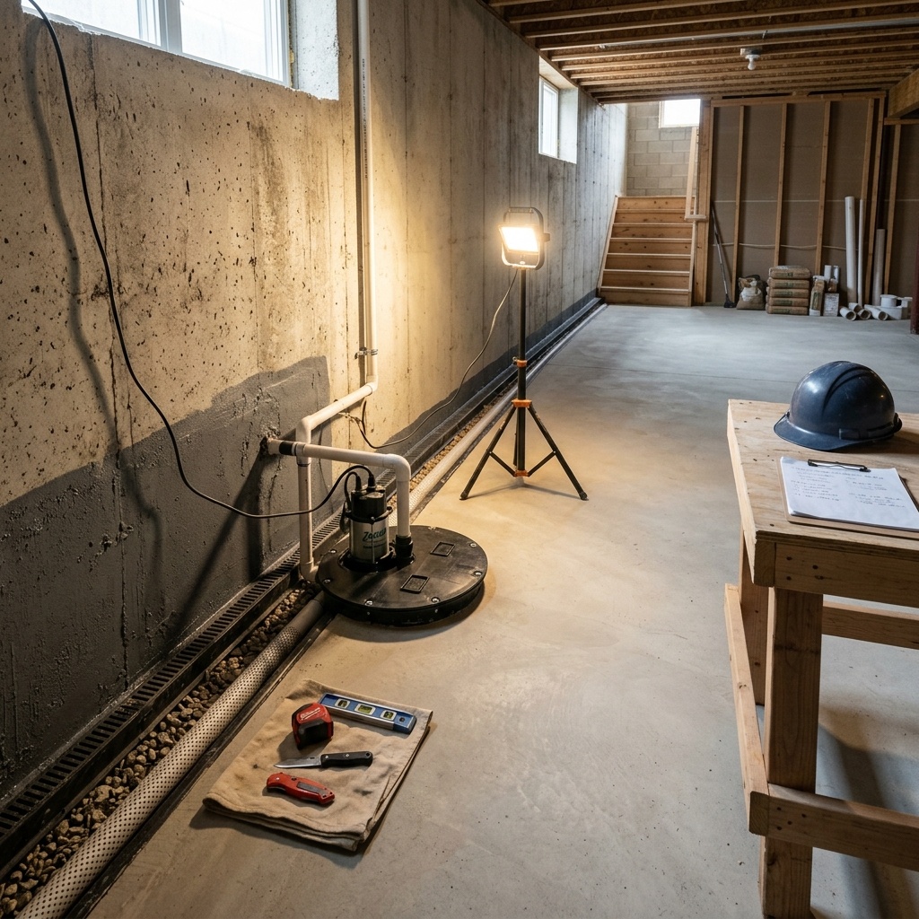 Completed basement waterproofing system in Chicago residential property