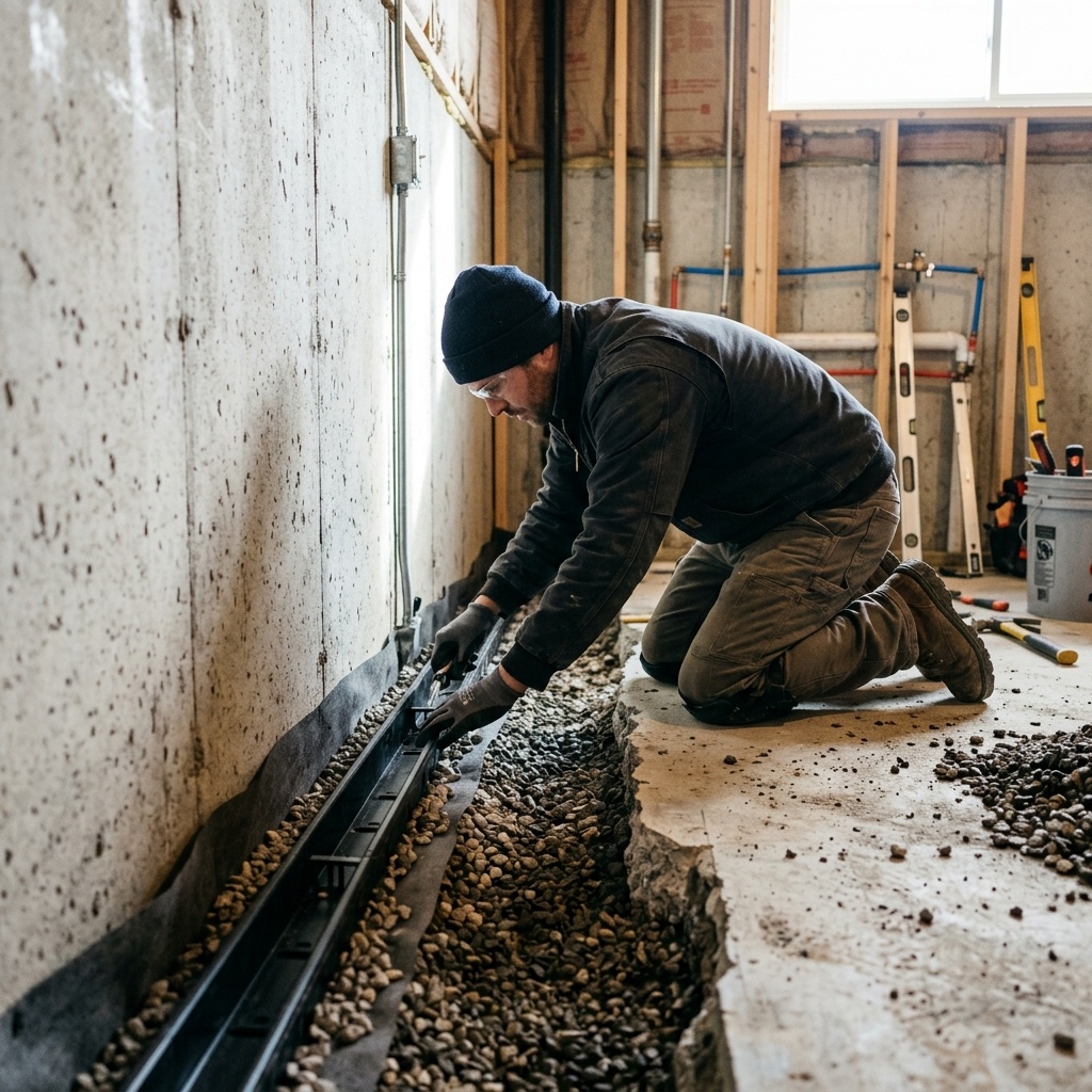 Wet basement with water intrusion before waterproofing installation