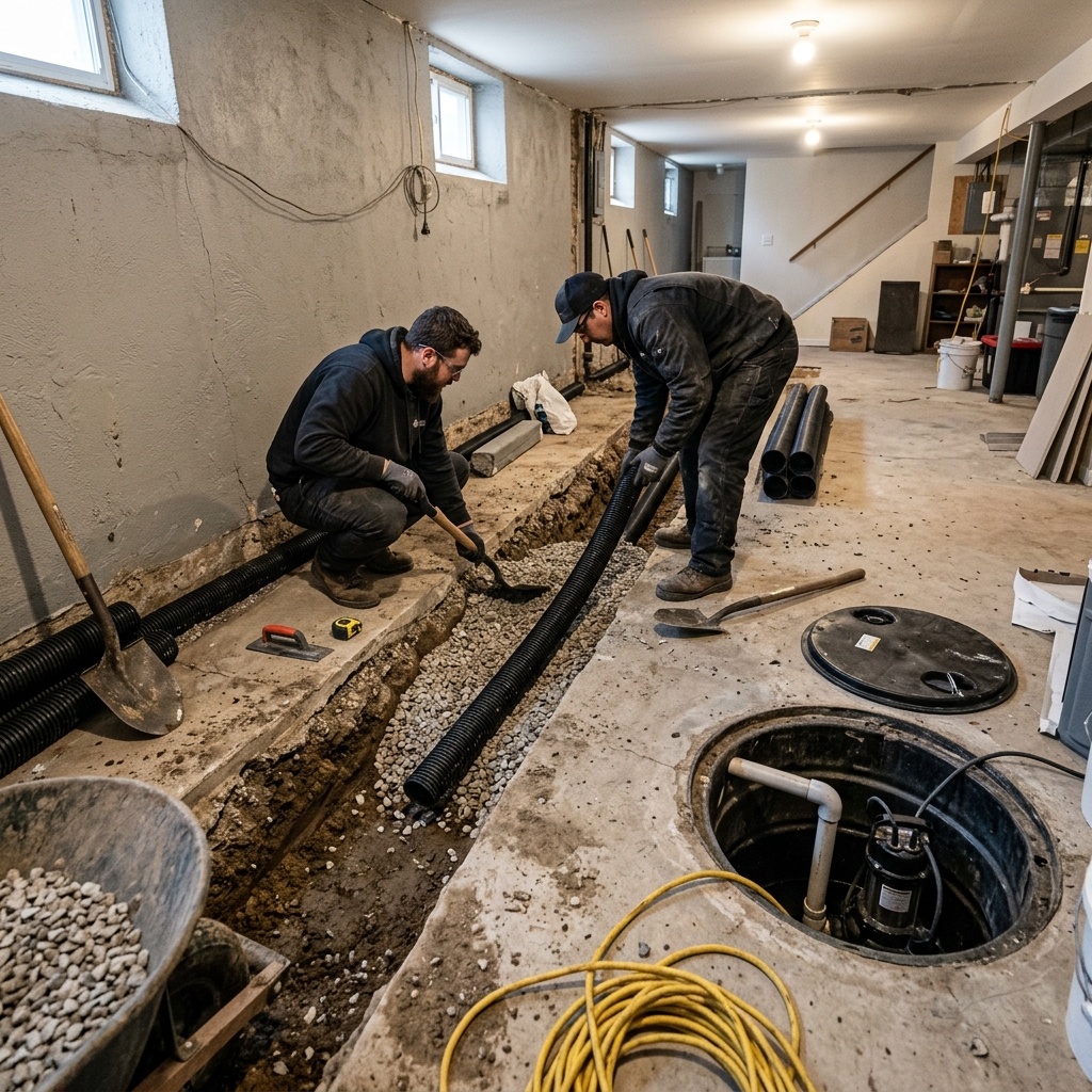 Basement waterproofing installation in progress at Chicago residential property