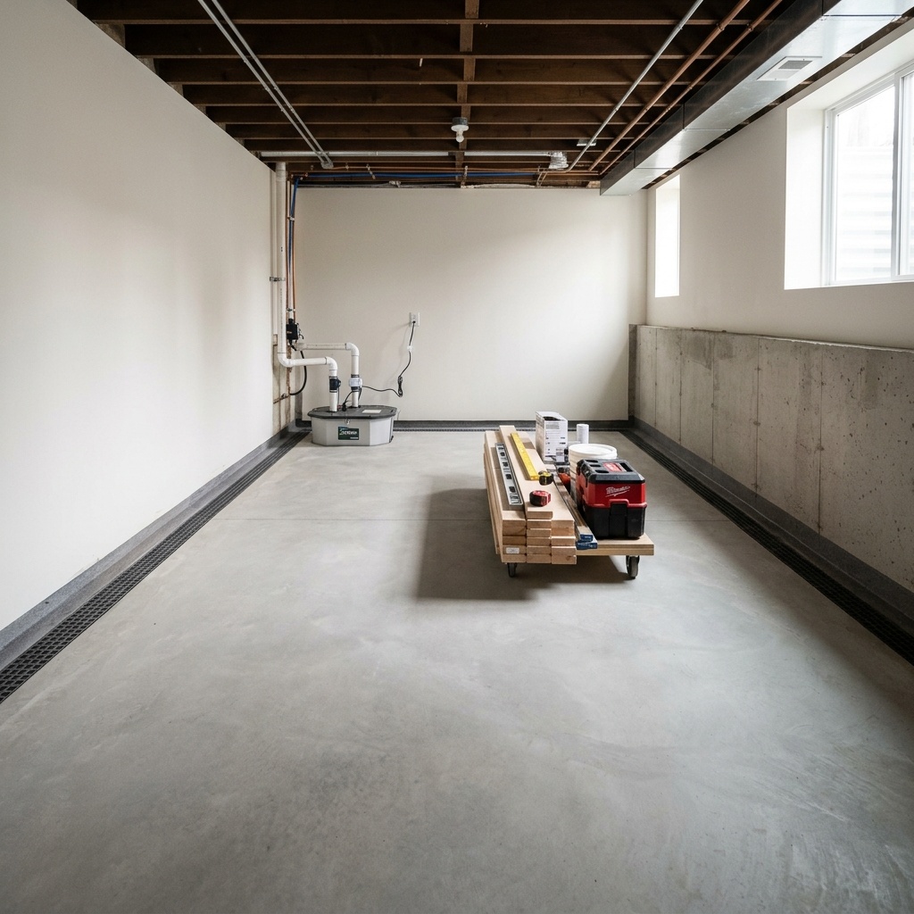 Dry waterproofed Chicago basement after Matylac installation: drainage and sump pump system