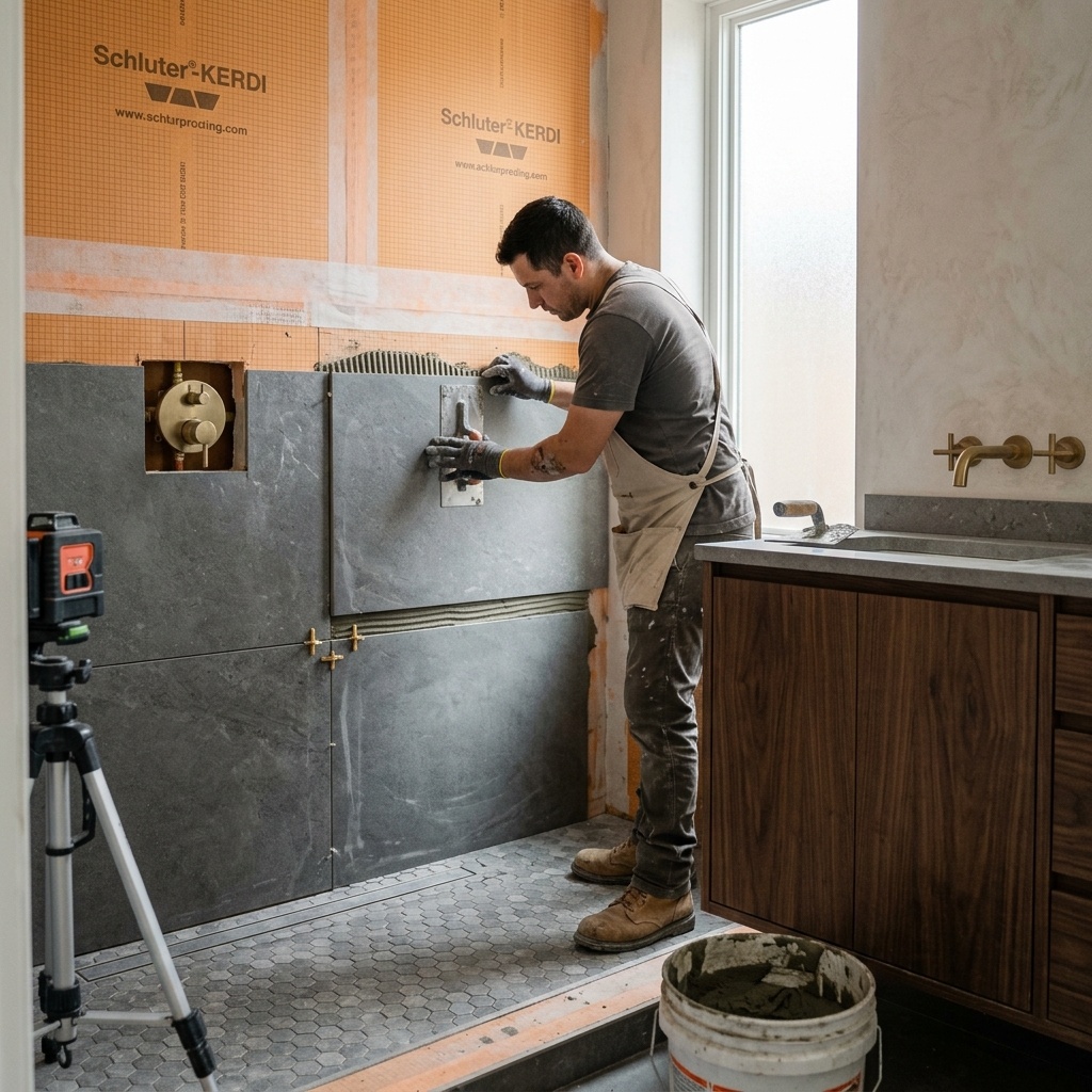 Premium bathroom remodel detail: large format tile and custom fixtures by Matylac Development