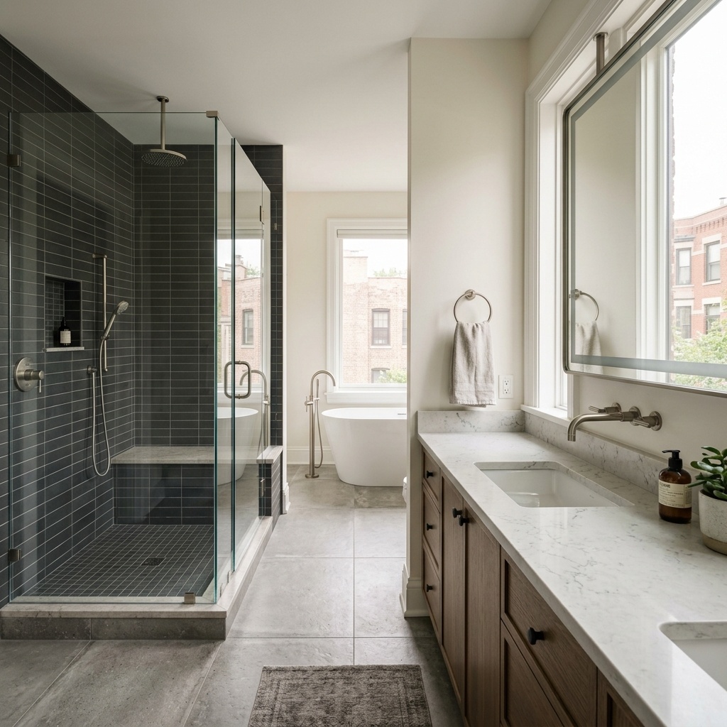 Luxury bathroom renovation in Chicago by Matylac Development: premium tile and custom finishes