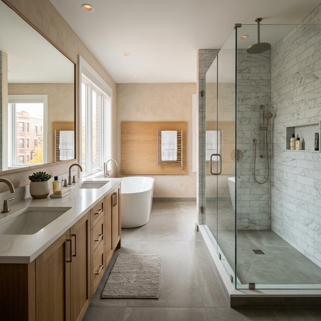Completed bathroom renovation in Chicago: full layout with custom tile and floating vanity