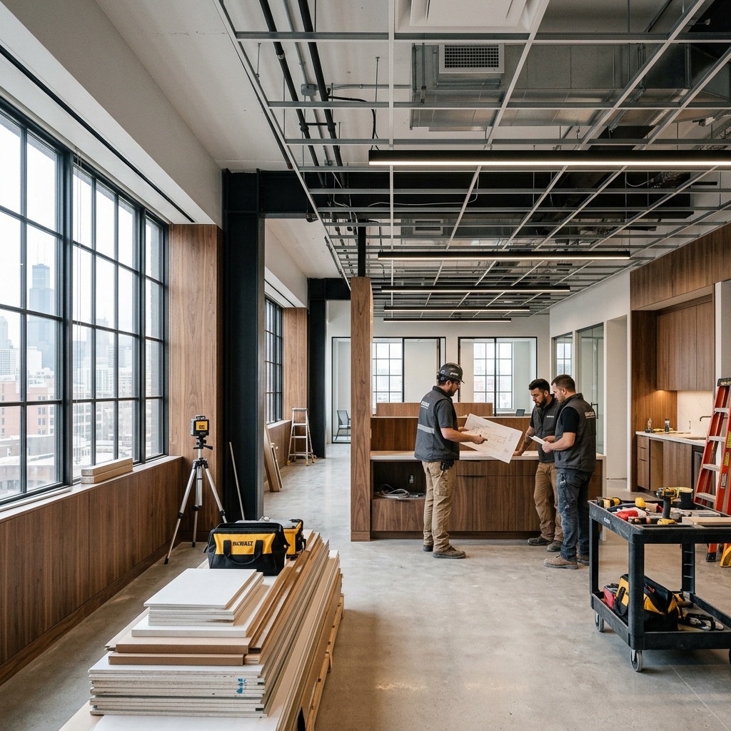 Commercial renovation in progress in Chicago by Matylac Development: retail build-out and office improvement