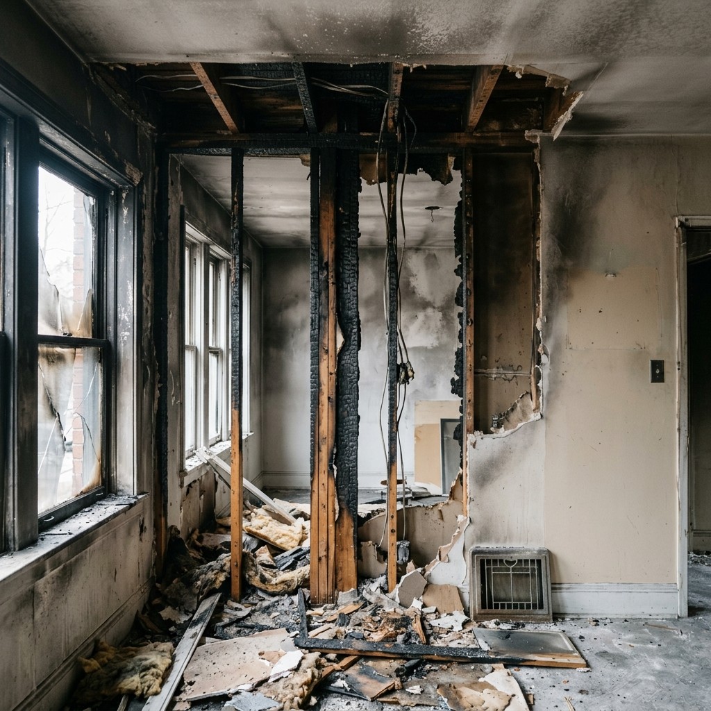 Fire-damaged interior before restoration: charred framing and structural damage