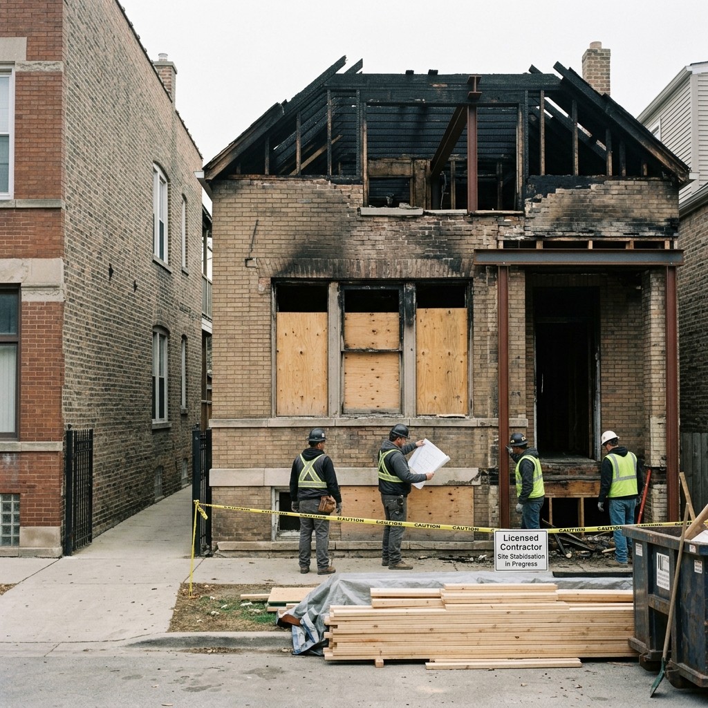 Fire-damaged Chicago property undergoing professional restoration by Matylac Development
