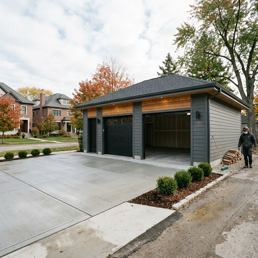 Newly constructed detached garage in Chicago alley by Matylac Development