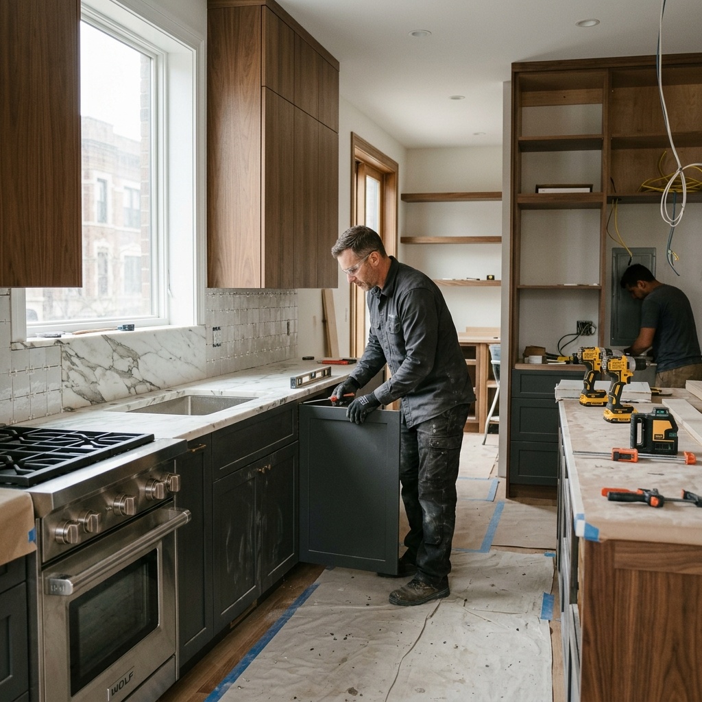 Premium kitchen remodel detail: custom cabinetry and quartz countertop by Matylac Development