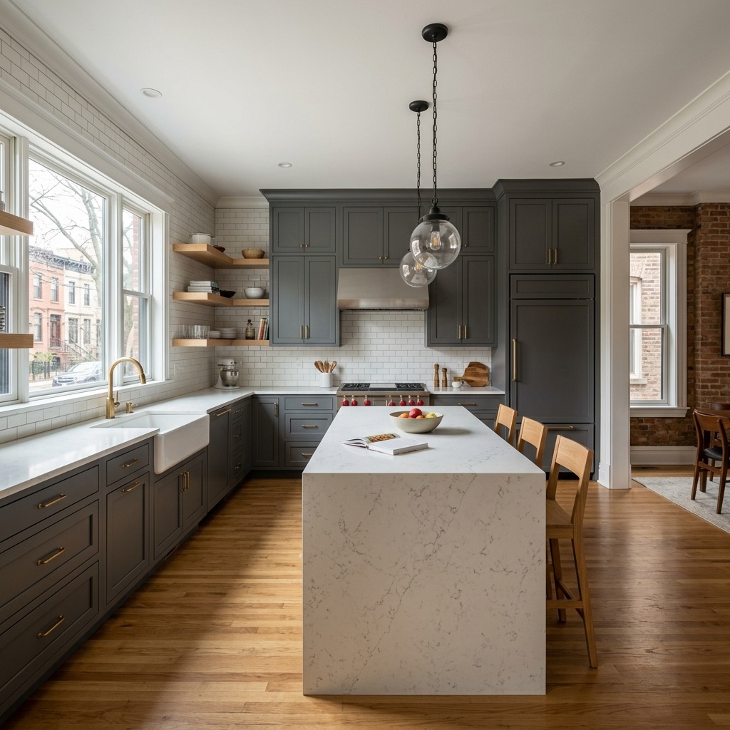Completed kitchen renovation in Chicago two-flat: full layout with island and custom finishes
