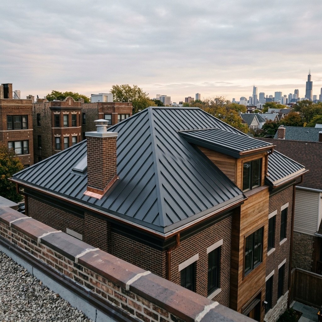 Matylac roofing crew at work on a Chicago residential property