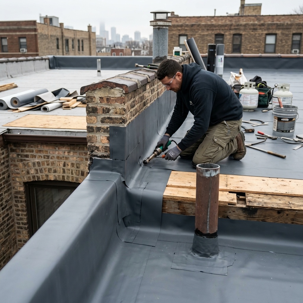 Shingle roof replacement in progress on Chicago residential home by Matylac Development
