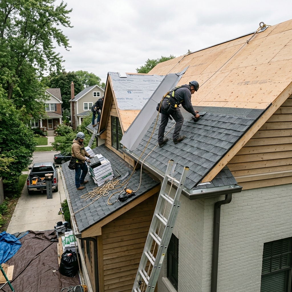 Roofing installation in progress on Chicago residential property by Matylac Development