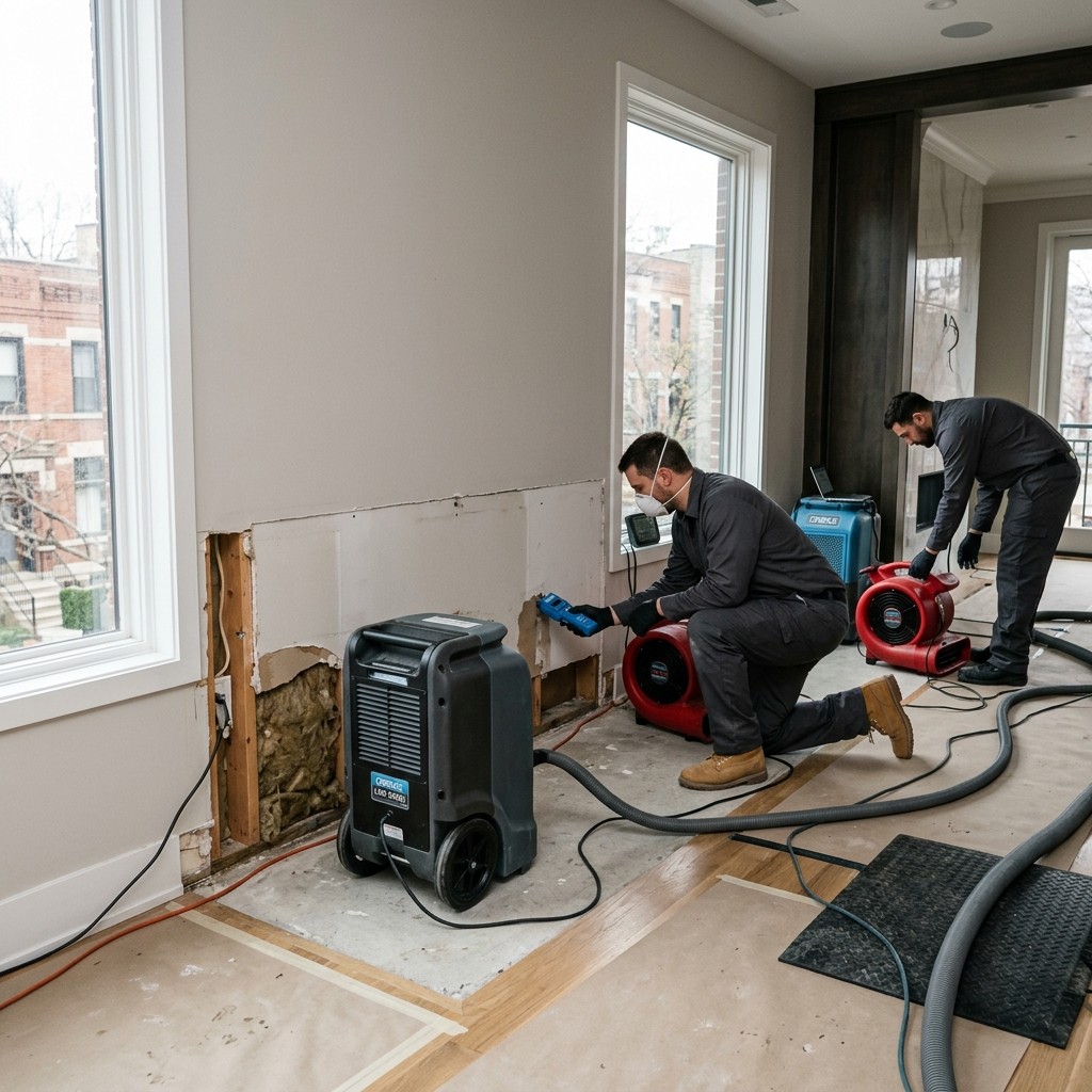 Water-damaged Chicago property with active extraction and drying equipment