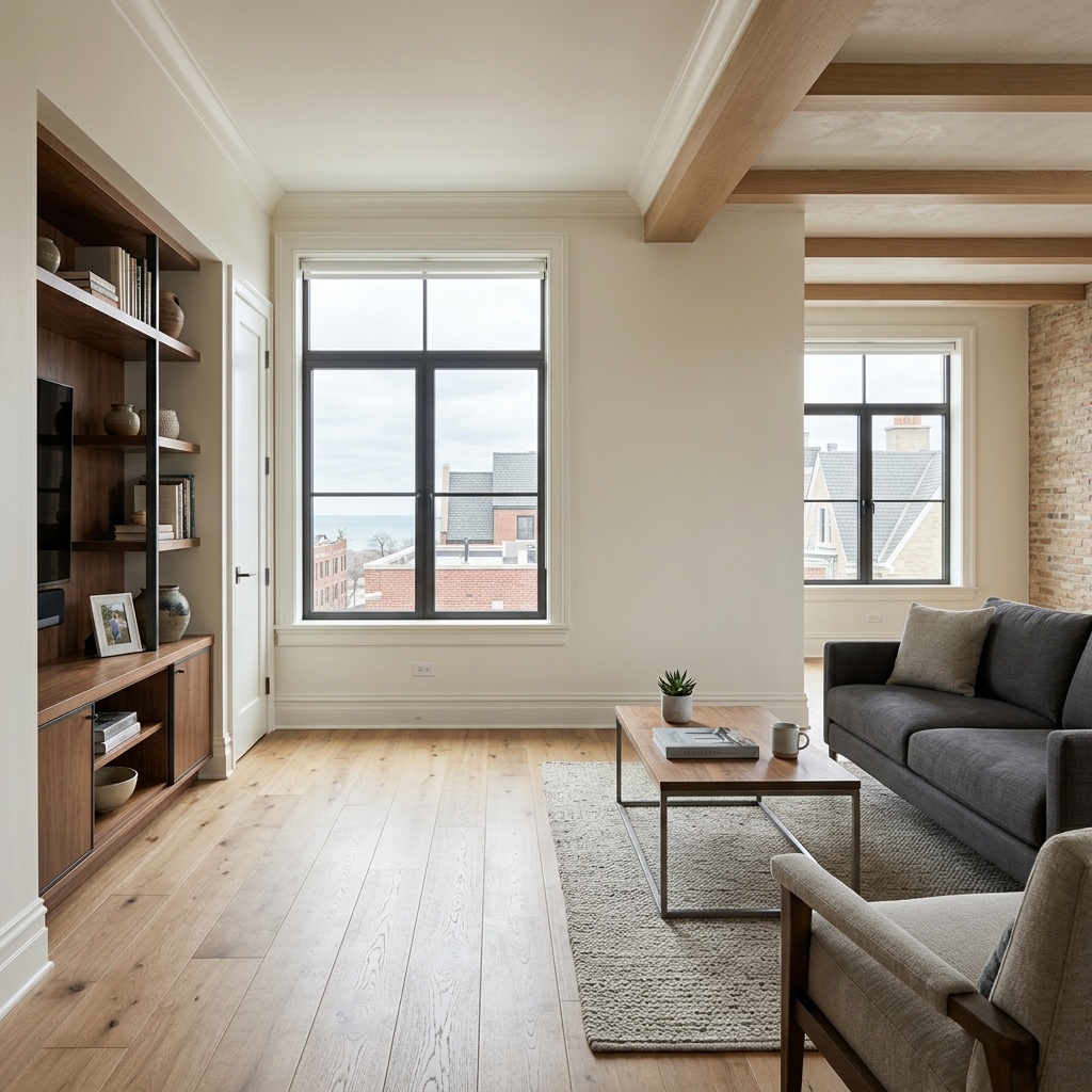 Fully restored interior after Matylac water damage restoration: new floors and finishes