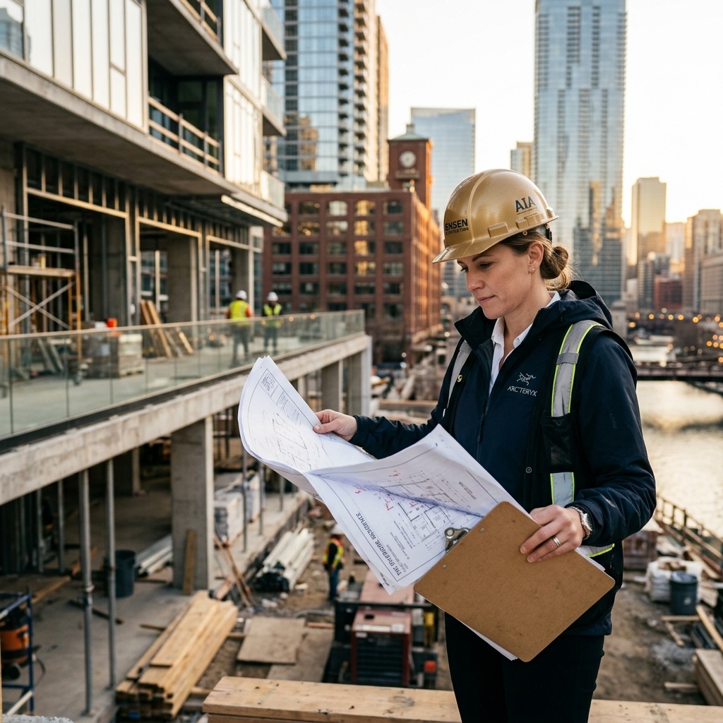 Professional contractor reviewing architectural plans on a Chicago site during golden hour